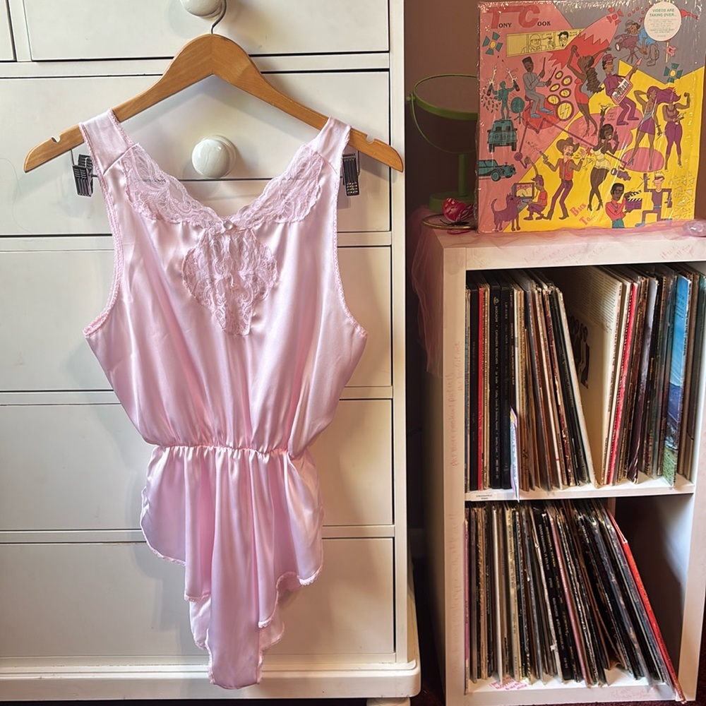 Vintage Ballet Pink Mini Playsuit Bodysuit Lace Satin Romper Girly Coquette 70’s